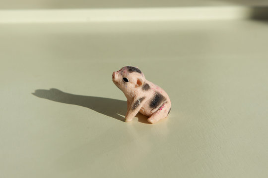 very small toy plastic dirty pig, piglet with shadow on a wooden table