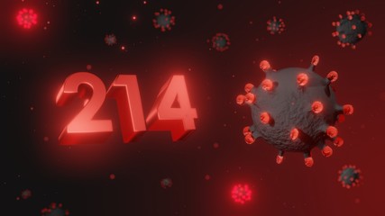Number 214 in red 3d text on dark corona virus background, 3d render, illustration, virus