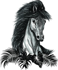 black horse and palm leaf composition vector