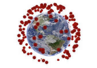 A 3D rendering image of the earth surrounding by red corona covid 19 virus