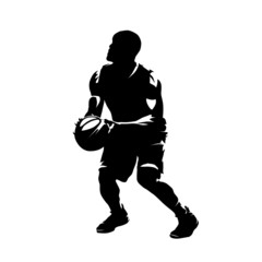 Basketball player makes jump shot, isolated vector silhouette. Ink drawing