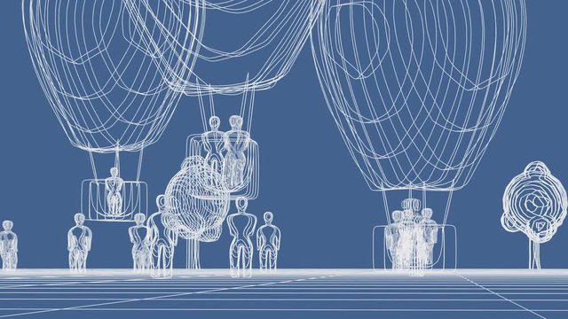 AIR BALLOONS animation , wireframe on blue background