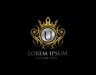 Royal Queen U Letter Gold Logo, Golden U Classic Crown.