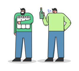 Concept Of Quarantine During Coronavirus. Men Dont Follow The Rules During Quarantine To Wear Protective Masks. Characters With Toilet Paper And Drink. Cartoon Linear Outline Flat Vector Illustration