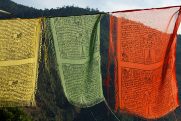 Prayer flags in Bhutan in the himalaya,