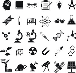 Obraz premium Science vector icon set, education chemistry, physics, biology icons like solar panel, microscope, syringe, DNA molecule and others
