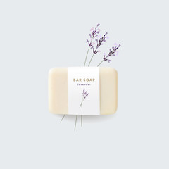 3D realistic bar soap illustration mock-up, template with paper label. Hand drawn blooming lavender herbs, flowers. Vector floral background. Hygiene, spa and herbal cosmetics product branding concept - obrazy, fototapety, plakaty