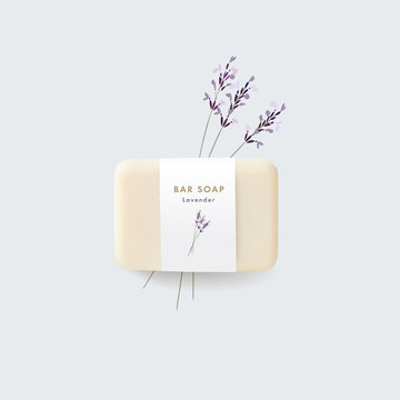 3D realistic bar soap illustration mock-up, template with paper label. Hand drawn blooming lavender herbs, flowers. Vector floral background. Hygiene, spa and herbal cosmetics product branding concept