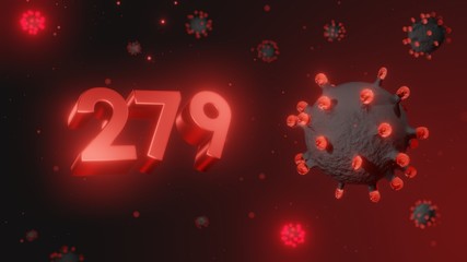 Number 279 in red 3d text on dark corona virus background, 3d render, illustration, virus