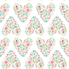 Valentine or wedding pattern with flower love hearts, vector.