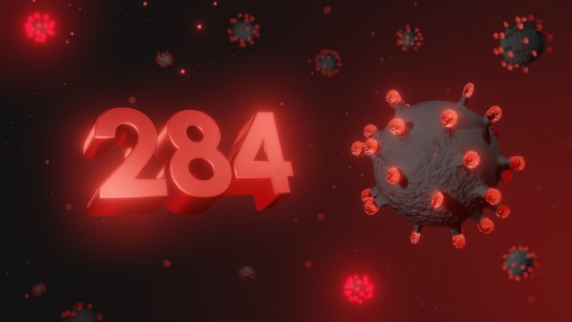 Number 284 in red 3d text on dark corona virus background, 3d render, illustration, virus