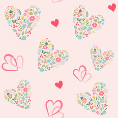 Valentine or wedding pattern with flower love hearts, vector on white background