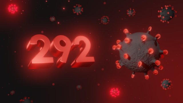 Number 292 in red 3d text on dark corona virus background, 3d render, illustration, virus
