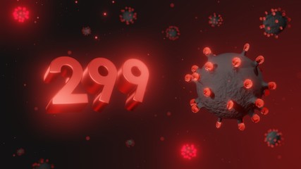 Number 299 in red 3d text on dark corona virus background, 3d render, illustration, virus