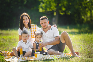 Cute family on picnic. Mom and dad playing with their children outdoors in the park.