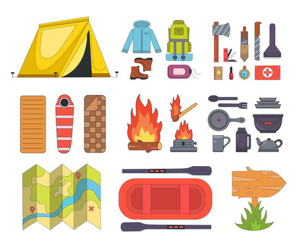 Set of camping equipment icons in cartoon style. Camping supplies and tools in cartoon style. Hiking expedition bag, map, tent, campfire. Tourist camp equip elements.