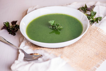 close up green fresh spring nettle soup in a white porcelain plate 