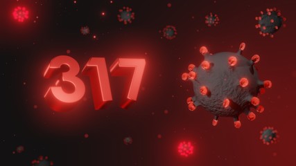 Number 317 in red 3d text on dark corona virus background, 3d render, illustration, virus