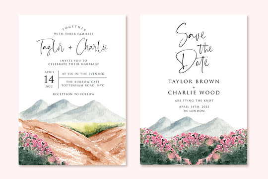 wedding invitation with beautiful landscape mountain watercolor