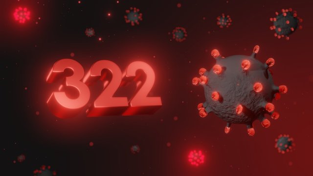 Number 322 in red 3d text on dark corona virus background, 3d render, illustration, virus