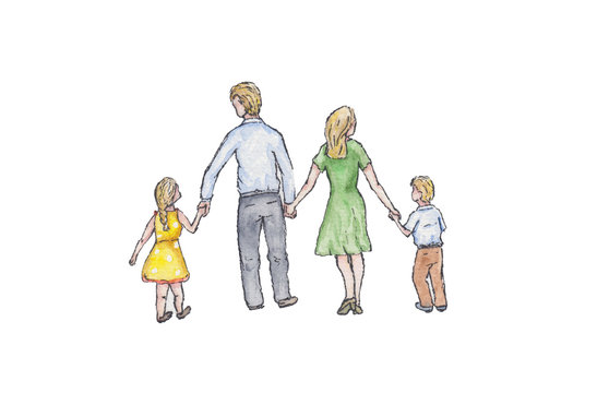 Watercolor illustration with happy family isolated on white background. Father, mother & two kids holding hands & walking together. Togetherness, joyful childhood & parenting concept. Happy siblings.