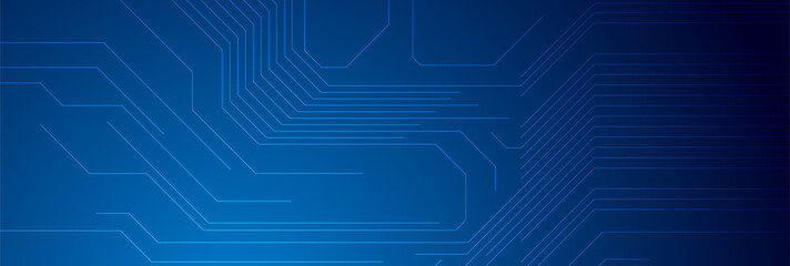 Dark blue circuit board chip lines tech background. Technology vector banner design