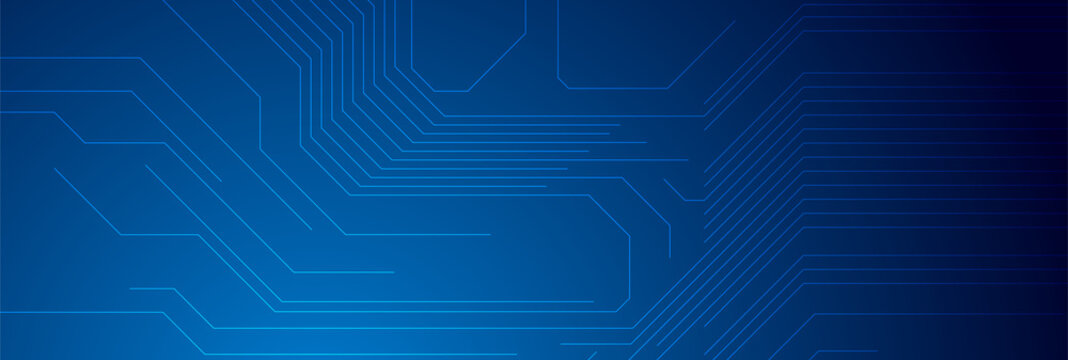 Dark blue circuit board chip lines tech background. Technology vector banner design