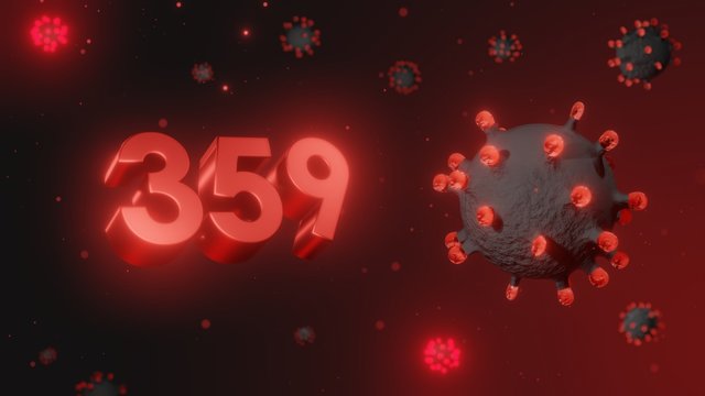 Number 359 in red 3d text on dark corona virus background, 3d render, illustration, virus