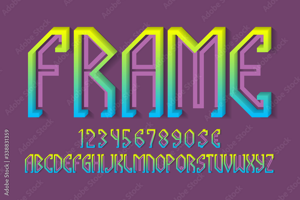 Fototapete volumetric frame alphabet with numbers and currency signs. 3d colorful display font.