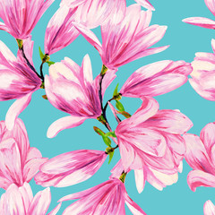 Magnolia flowers on a blue background. Floral seamless pattern design for textile, fabric, wallpaper, packaging, paper.
