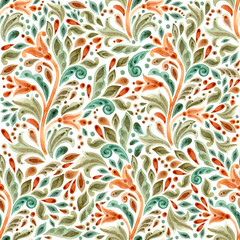 Fototapeta na wymiar Watercolor background, the pattern of plants, and flowers. Natural motifs in nude colors. Folk pattern