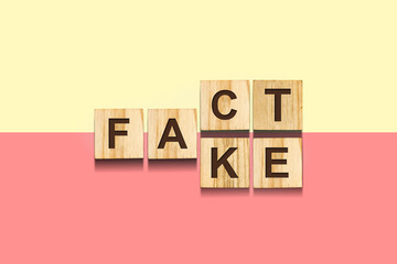 Fake, Fact. The inscription on wooden blocks on a yellow, red background.