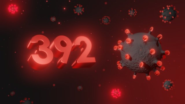 Number 392 in red 3d text on dark corona virus background, 3d render, illustration, virus