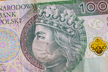 Close-up of King Jagiello wearing face mask on 100 PLN 