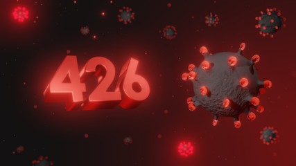 Number 426 in red 3d text on dark corona virus background, 3d render, illustration, virus