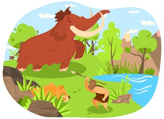Ancient tribe, hunting mammoth, saber toothed tiger, character male with spear flat vector illustration. Design wildlife nature, old ages, primitive people, prehistoric man, lake, landscape.