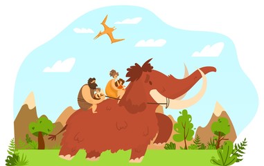 Obraz na płótnie Canvas Ancient couple, primitive family people, character prehistoric male, female, child saddled mammoth, flat vector illustration. Design wildlife nature, pterodactyl, landscape, old ages tribe.
