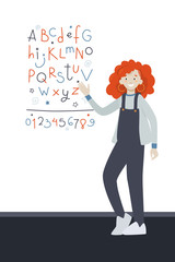 A smiling cartoon girl in overalls points to a poster with the English alphabet. Bright colours