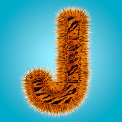 Tiger english alphabet and number 3D rendering of funny fur font isolated on blue background. Halloween concept. 3d illustration