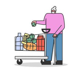 Concept Of a Quarantine During Coronavirus. Customer Elderly Woman With Trolley Full Of Food Supply Wearing Protective Mask To Prevent Virus Infection. Cartoon Linear Outline Flat Vector Illustration