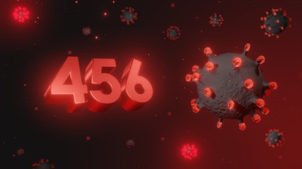Number 456 in red 3d text on dark corona virus background, 3d render, illustration, virus