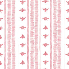 Vector country seamless pattern. Traditional Provence pattern. 70s folk striped design with hand drawn bees great for wallpaper, fabric, textile.