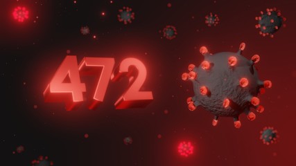 Number 472 in red 3d text on dark corona virus background, 3d render, illustration, virus