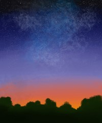 Night sky landscape. Raster illustration. 