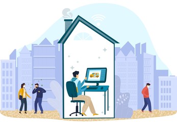 Man on self-isolation work at home on computer, vector illustration. Social distane, guy planning trip after quarantine. Masked people and sick man without protection walk on street.