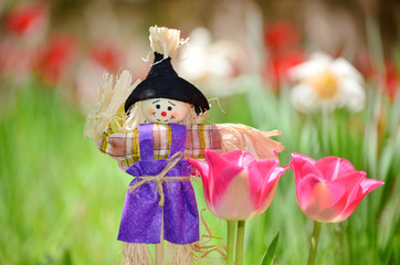 Happy, Smiling Garden Scarecrow in a Blooming Spring Garden with Tulips 