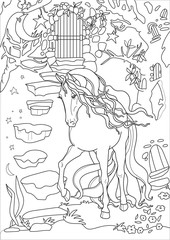 Horse in a fantastic garden or forest. Vector illustration. Coloring book for adult and older children. Outline drawing coloring page.
