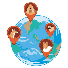 Planet earth and the location of dogs as a concept of a wireless GPS collar for controlling a pet's walk, flat vector stock illustration with dog isolated on white background