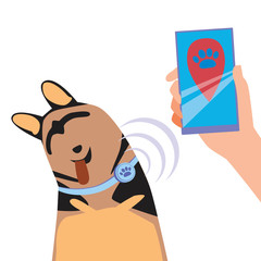 Dog, hand and smartphone as a concept of a wireless GPS collar for controlling a pet’s walk, flat vector stock illustration with tracking and monitoring a puppy isolated on white background