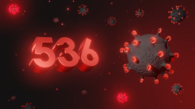 Number 536 in red 3d text on dark corona virus background, 3d render, illustration, virus